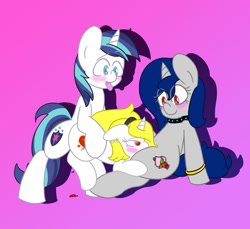 Size: 1511x1387 | Tagged: questionable, artist:lou, shining armor, oc, bisexual, blood, canon x oc, cunnilingus, defloration, female, ffm threesome, filly, filly on mare, foal, foalcon, g4, group sex, imported from derpibooru, infidelity, infidelity armor, lesbian, male, mare, oral, penetration, pony, sex, softcore, stallion, stallion on filly, straight, threesome, tongue out, unicorn, vaginal, virgin