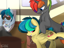 Size: 4000x3000 | Tagged: explicit, artist:kigupony, oc, oc:apogee, oc:delta vee, oc:krylone, age difference, balls, butt freckles, casual sex, doggy style, ear freckles, exhibitionism, female, filly, foal, foalcon, freckles, from behind, imported from derpibooru, lifted leg, male, nudity, oc only, pegasus, penetration, pony, public sex, rainbow hair, sex, size difference, stallion, stallion on filly, straight, sunglasses, unicorn, vaginal, vaginal secretions, watching