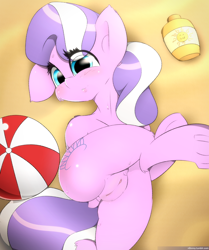 Size: 3000x3584 | Tagged: explicit, artist:n0nnny, diamond tiara, beach, beach ball, blush sticker, blushing, butt, clitoris, clothes, dock, earth pony, female, filly, foal, foalcon, g4, high res, imported from derpibooru, looking at you, nudity, on back, plot, pony, pubic fluff, sand, solo, solo female, spread legs, spreading, sweat, vulva