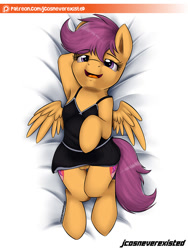 Size: 600x800 | Tagged: explicit, artist:jcosneverexisted, scootaloo, alternate version, armpits, black dress, body pillow, body pillow design, both cutie marks, clothes, dress, female, foalcon, g4, imported from derpibooru, lingerie, little black dress, lying, nudity, on back, patreon, patreon logo, pony, pose, solo, solo female, vulva