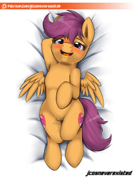 Size: 600x800 | Tagged: explicit, artist:jcosneverexisted, scootaloo, alternate version, armpits, blushing, body pillow, body pillow design, both cutie marks, female, foalcon, g4, imported from derpibooru, lying, nudity, on back, patreon, patreon logo, pony, pose, solo, solo female, squirting, vaginal secretions, vulva