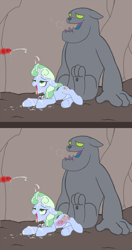 Size: 2162x4100 | Tagged: explicit, artist:lemon, oc, oc:sweetwater, 2 panel comic, ahegao, bukkake, canine penis, comic, creampie, cum, cum in mouth, cum on body, cum on ear, cum on goggles, cum on hair, cum on hooves, cum on horn, cum on nose, cum on tongue, diamond dog, diamond dog on filly action, diamond dog on pony action, facial, female, filly, foal, foalcon, goggles, high res, horn, imported from derpibooru, interspecies, knot, knotted, knotting, male, nudity, oc only, open mouth, penetration, penis, pony, sex, straight, tongue out, underhoof, unicorn, uterus, vaginal, x-ray