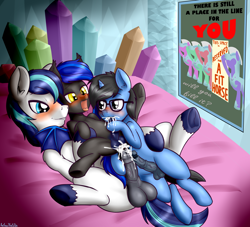 Size: 3338x3034 | Tagged: explicit, artist:anibaruthecat, shining armor, oc, oc:tinker doo, age difference, anal, anal creampie, bat pony, bed, blushing, canon x oc, colt, colt on colt, creampie, cum, cum in mouth, cum on penis, foal, foalcon, frottage, g4, gay, glasses, group sex, high res, imported from derpibooru, infidelity, infidelity armor, male, nudity, oc name needed, oral, oral creampie, penetration, penis, pony, pony on pony action, poster, reverse cowgirl, reverse foalcon, sex, stallion, stallion on colt, threesome, unicorn