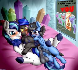 Size: 3338x3034 | Tagged: explicit, artist:anibaruthecat, shining armor, oc, oc:tinker doo, age difference, anal, bat pony, bed, blushing, canon x oc, colt, colt on colt, foal, foalcon, g4, gay, glasses, group sex, high res, imported from derpibooru, infidelity, infidelity armor, male, nudity, oral, penetration, penis, pony, pony on pony action, precum, reverse cowgirl, reverse foalcon, sex, size difference, stallion, stallion on colt, threesome, unicorn