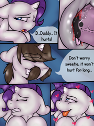 Size: 1890x2520 | Tagged: explicit, artist:lildooks, rarity, comic:movie night, ahegao, bedroom eyes, blood, blushing, clitoris, comic, couch, daughter, defloration, dialogue, facial hair, father, father and child, father and daughter, female, filly, filly rarity, floppy ears, foal, foalcon, g4, gritted teeth, heart, heart eyes, hondo flanks, horsecock, imported from derpibooru, incest, infidelity, looking back, male, mottled genitals, moustache, nudity, one eye closed, open mouth, penetration, penis, ponut, pony, pony on pony action, raricest, rearity, sex, ship:rariflanks, shipping, smiling, stallion, stallion on filly, straight, tongue out, unshorn fetlocks, vaginal, vaginal secretions, virgin, vulva, wingding eyes, younger