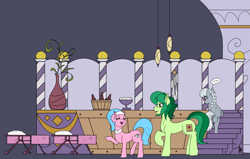 Size: 2425x1544 | Tagged: explicit, artist:002a, artist:appelknekten, silver spoon, oc, oc:appel, aloe, anus, appel in ponyville, balls, casual nudity, color edit, colored, derpibooru exclusive, earth pony, edit, female, filly, foal, foalcon, g4, imported from derpibooru, male, mare, massage table, nudity, plant, pony, spa, spa pony, stallion, story included, swimming pool, text, towel, vulva