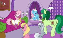 Size: 2618x1574 | Tagged: explicit, artist:002a, artist:appelknekten, silver spoon, oc, oc:appel, oc:sweet desire, anus, appel in ponyville, balls, bathrobe, blindfold, casual nudity, cheerilee, clothes, color edit, colored, couch, derpibooru exclusive, earth pony, edit, female, filly, foal, foalcon, g4, imported from derpibooru, lily valley, lotus blossom, male, mare, nudity, painting, pony, robe, shocked, spa pony, stallion, story included, vagina