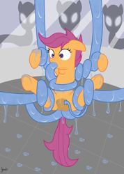 Size: 2479x3483 | Tagged: explicit, artist:grinch, scootaloo, abduction, alien, alien abduction, all three filled, anal, blowjob, bondage, clitoris, crotchboobs, deepthroat, double penetration, female, filly, foal, foalcon, g4, high res, imported from derpibooru, multiple penetration, nipples, nudity, oral, pegasus, penetration, pony, sex, slime, suckling, teats, tentacle blowjob, tentacle bondage, tentacle porn, tentacle suckling, tentacles, tentacles on female, tentacles on filly, throat bulge, triple penetration, vaginal, vulva