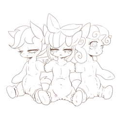 Size: 600x600 | Tagged: explicit, grimdark, grotesque, artist:grimbloody, apple bloom, scootaloo, sweetie belle, amputee, body horror, crying, cutie mark crusaders, dead source, earth pony, fate worse than death, female, filly, foal, foalcon, g4, imported from derpibooru, lineart, nudity, pegasus, pony, sad, sewn together, stitched body, stitches, trio, unicorn, vulva