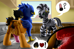 Size: 2000x1333 | Tagged: explicit, artist:thecoldsbarn, oc, oc:kitka, oc:oromo, oc:sight wing, adultery, balls, beak, brown eyes, casual boner, casual sex, classical hippogriff, counter, cuckolding, ear piercing, earring, erection, female, foalcon, futa, futa oc, green eyes, griffon, herm, hippogriff, horsecock, husband and wife, imported from derpibooru, infidelity, intersex, jewelry, kitchen, knot, knotted horsecock, male, male on futa, nudity, oc only, penetration, penis, pictogram, piercing, sex, speech bubble, stove, tail, vagina, vaginal, vaginal secretions, vulva, window, wings, yellow eyes, zebra