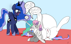 Size: 2808x1738 | Tagged: explicit, artist:mackstack, princess celestia, princess luna, sweetie belle, aftersex, alicorn, anus, balls, belly, big balls, big penis, cum, cum inflation, cum pool, excessive cum, female, filly, foal, foalcon, futa, futa filly, futa on female, futa sweetie belle, g4, gaping, gaping anus, imported from derpibooru, impossibly large balls, impossibly large belly, impossibly large penis, inflation, intersex, nudity, penis, pony, sex, shocked, size difference, speech bubble, sweetie balls, sweetielestia, unicorn, vein, veiny cock