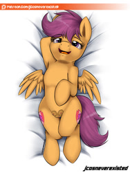 Size: 600x800 | Tagged: explicit, artist:jcosneverexisted, scootaloo, alternate version, anatomically correct, armpits, body pillow, body pillow design, both cutie marks, crotchboobs, female, filly, foal, foalcon, g4, imported from derpibooru, looking at you, lying, nipples, nudity, on back, patreon, patreon logo, pony, solo, solo female, teats, vulva