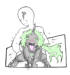 Size: 700x750 | Tagged: explicit, artist:cold-blooded-twilight, queen chrysalis, oc, oc:anon, ahegao, bedroom eyes, blushing, canon x oc, changeling, cropped, edit, emanata, fangs, female, filly, filly queen chrysalis, foal, foalcon, from behind, g4, green changeling, human, human male, human male on filly, human on changeling action, human on pony action, imported from derpibooru, interspecies, licking, male, nudity, nymph, open mouth, pony, sex, straight, tongue out, younger