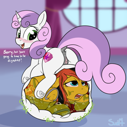 Size: 2000x2000 | Tagged: explicit, artist:swiftsketchpone, sweetie belle, oc, oc:southern belle, anus, belly, belly bed, blushing, butt, canon x oc, clitoris, digestion, dock, female, fetish, filly, filly pred, floppy ears, foal, foalcon, frog (hoof), g4, high res, imported from derpibooru, impossibly large belly, looking back, nudity, open mouth, plot, pony, stomach acid, stomach noise, sweetiepred, underhoof, unicorn, unwilling prey, vagina, vore, vulva, window, x-ray