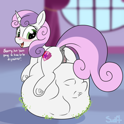 Size: 2000x2000 | Tagged: explicit, artist:swiftsketchpone, sweetie belle, oc, oc:southern belle, anus, belly, belly bed, blushing, butt, canon x oc, clitoris, digestion, face imprint, female, fetish, filly, filly pred, foal, foalcon, g4, high res, imported from derpibooru, impossibly large belly, nudity, plot, pony, sweetiepred, unicorn, vore, vulva