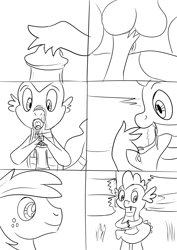 Size: 2480x3508 | Tagged: explicit, artist:jbond, spike, comic:applebuck, age difference, anus, baby dragon on stallion, balls, barn, big macintosh, comic, covering, cum, cumming, dragon, duo, duo male, earth pony, facial, foalcon, g4, gay, handjob, hay, high res, imported from derpibooru, lineart, long tongue, male, masturbation, monochrome, nudity, open mouth, part of a set, penis, pony, ship:spikentosh, shipping, stallion, tongue out, wingless spike