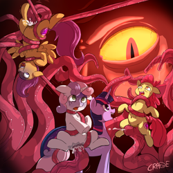 Size: 2500x2500 | Tagged: explicit, grimdark, artist:crade, apple bloom, scootaloo, sweetie belle, twilight sparkle, armpits, asphyxiation, belly button, bloodshot eyes, chest fluff, creampie, crying, cum, cutie mark crusaders, female, foalcon, g4, glowing eyes, high res, imported from derpibooru, penetration, pony, purple face, rape, sex, strangling, tentacle monster, tentacle pit, tentacle porn, tentacle rape, tentacles, tongue out, twilight sparkle raping apple bloom, twilight sparkle raping scootaloo, twilight sparkle raping sweetie belle, underhoof, vaginal, vein, veiny tentacles