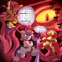 Size: 2500x2500 | Tagged: explicit, grimdark, artist:crade, apple bloom, scootaloo, sweetie belle, twilight sparkle, armpits, asphyxiation, belly button, bloodshot eyes, chest fluff, choking, crying, cutie mark crusaders, dialogue, female, foalcon, g4, glowing eyes, high res, imported from derpibooru, jojo's bizarre adventure, menacing, nudity, penetration, pony, purple face, rape, sex, tentacle monster, tentacle pit, tentacle porn, tentacle rape, tentacles, tongue out, twilight sparkle raping apple bloom, twilight sparkle raping scootaloo, twilight sparkle raping sweetie belle, underhoof, vaginal, vein, veiny tentacles, vulva, ゴ ゴ ゴ