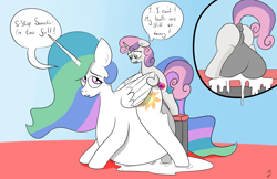 Size: 2673x1730 | Tagged: explicit, artist:mackstack, princess celestia, sweetie belle, age difference, alicorn, anal, balls, belly, big balls, creampie, cum, cum inflation, cum pool, cumming, dripping, dripping cum, excessive cum, female, femsub, foal, foalcon, futa, futa filly, futa filly on mare, futa on female, futa sweetie belle, g4, horn, imported from derpibooru, impossibly large balls, impossibly large belly, inflation, intersex, mare, penetration, pony, sex, size difference, speech bubble, sublestia, submissive, sweetie balls, sweetielestia, unicorn, worried
