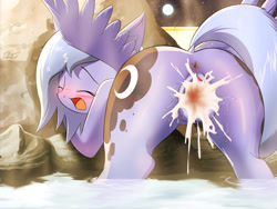 Size: 1600x1200 | Tagged: explicit, artist:phoenixperegrine, princess luna, alicorn, alternate version, anus, blushing, both cutie marks, butt, creampie, cum, cum version, dock, female, filly, filly luna, foal, foalcon, g4, gaping, gaping vagina, implied straight, imported from derpibooru, looking at you, looking back, mare, moonbutt, nudity, open mouth, outdoors, plot, pony, presenting, solo, solo female, spread wings, vagina, vaginal creampie, vulva, water, wings, woona, younger
