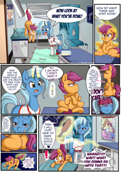 Size: 1860x2622 | Tagged: explicit, artist:anibaruthecat, scootaloo, oc, oc:cobalt, comic:cutiemark check-up 2, :3, angry, anus, bad girl, bent over, bipedal, blank flank, butt, comic, corporal punishment, crying, dialogue, doctor, exclamation point, eyes closed, female, filly, flank, foal, foalcon, g4, glowing horn, gulp, horn, horrified, imminent paddling, imminent punishment, imminent spanking, imported from derpibooru, indoors, injection, levitation, magic, mare, nudity, paddle, paddling, pegasus, plot, pony, punishment, scared, scrunchy face, smiling, spanking, tail pull, tears of fear, telekinesis, unicorn, vulva