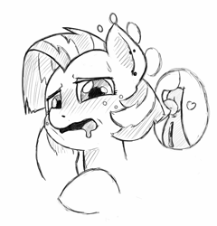 Size: 1440x1501 | Tagged: explicit, artist:trickydick, babs seed, analingus, analingus on female, anus, blushing, drool, female, foalcon, g4, grayscale, heart, imported from derpibooru, licking, monochrome, nudity, open mouth, oral, ponut, pony, sex, simple background, sweat, thought bubble, tongue out, vulva, white background