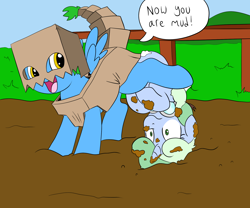 Size: 1800x1500 | Tagged: questionable, artist:dendollae, oc, oc:box-filly, oc:sweetwater, female, fetish, filly, filly pred, filly prey, foal, foalcon, full tour, goggles, imported from derpibooru, mud, non-fatal, oc only, pony, poop, post-vore, scat, vore