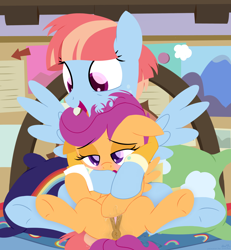 Size: 2400x2600 | Tagged: explicit, artist:dtcx97, scootaloo, age difference, anatomically correct, anus, assisted masturbation, bed, blushing, female, filly, foal, foalcon, g4, high res, implied shipping, imported from derpibooru, infidelity, lesbian, mare, mare on filly, masturbation, nudity, orgasm, pegasus, ponut, pony, ship:windyscoots, spread legs, spreading, underhoof, vagina, vaginal secretions, vulva, windy whistles