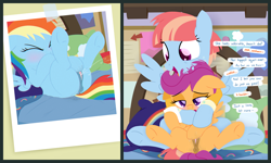 Size: 3330x2000 | Tagged: explicit, artist:dtcx97, rainbow dash, scootaloo, 2 panel comic, age difference, anatomically correct, anus, assisted masturbation, bed, big clitoris, blushing, butt, casual masturbation, clitoris, comic, cute, cute porn, dialogue, female, female orgasm, filly, filly rainbow dash, foal, foalcon, g4, high res, implied bow hothoof, implied incest, implied shipping, imported from derpibooru, infidelity, innocent, lesbian, lineless, mare, mare on filly, masturbation, my little pony: friendship is magic, nudity, orgasm, parental glideance, pegasus, photo, plot, ponut, pony, season 7, ship:windyscoots, sitting, spread legs, spreading, squirting, underhoof, vagina, vaginal secretions, vulva, vulvar winking, wall of tags, windy whistles, younger