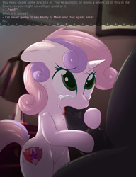 Size: 992x1292 | Tagged: explicit, grimdark, artist:sip, sweetie belle, oc, oc:onyx (cutie mark crusaders new lives), fanfic:the cutie mark crusaders new lives, blowjob, crying, cutie mark, dialogue, domination, female, femsub, foalcon, g4, horn, imported from derpibooru, kidnapped, male, maledom, nudity, oral, penis, pony, rape, sad, sex, sex slave, slave, straight, submissive, sweetie rape, sweetiesub, the cmc's cutie marks, unicorn, vaginal secretions