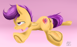 Size: 1597x985 | Tagged: explicit, artist:azerta56, scootaloo, ahegao, blushing, butt, cutie mark, derpibooru exclusive, female, fetish, filly, foal, foalcon, g4, gradient background, hoof fetish, hooves, imported from derpibooru, masturbation, nudity, open mouth, plot, solo, solo female, the cmc's cutie marks, tongue out, underhoof