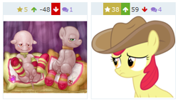 Size: 319x192 | Tagged: explicit, artist:paganmuffin, artist:smudge proof, apple bloom, babs seed, abuse, anus, applebuse, auction, babsbuse, butt, chubby, clothes, collar, commission, cousins, cowboy hat, crotchboobs, cushion, derpibooru, duo, duo female, earth pony, female, foalcon, g4, hat, honest apple, imported from derpibooru, juxtaposition, looking at you, meta, my little pony: friendship is magic, nightmare fuel, nipples, nudity, obligatory pony, pet tag, plot, pony, sad, season 7, sex slave, shaved, shiny, simple background, slave, socks, source needed, striped socks, teats, vulva, what the hell smudge proof, why