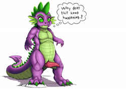 Size: 3507x2480 | Tagged: explicit, artist:exelzior, spike, dragon, dragon dick, erection, foalcon, g4, high res, imported from derpibooru, innocent, male, nudity, penis, simple background, solo, solo male, thought bubble, white background