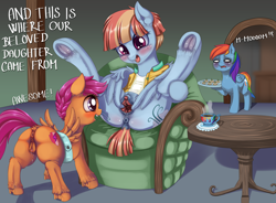 Size: 1983x1457 | Tagged: explicit, artist:dankflank, rainbow dash, scootaloo, anatomically correct, anus, blushing, butt, clitoris, clothes, couch, cup, dialogue, dock, embarrassed, female, filly, foal, foalcon, frog (hoof), funny porn, g4, hooves, imported from derpibooru, mare, milf, multicolored hair, nudity, pegasus, plate, plot, ponut, pony, saddle bag, shirt, smiling, spread legs, spread pussy, spreading, table, underhoof, unshorn fetlocks, urethra, vagina, vaginal secretions, vulva, vulvar winking, windy whistles, wing hands, wing spreading