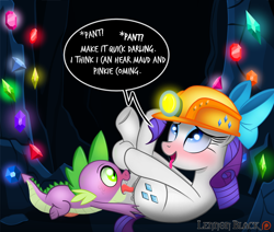 Size: 1280x1083 | Tagged: explicit, artist:lennonblack, rarity, spike, age difference, blushing, bow, cave, cunnilingus, darling, dragon, female, foalcon, g4, gem, helmet, horn, implied maud pie, implied pinkie pie, imported from derpibooru, male, mare, mining helmet, my little pony: friendship is magic, nudity, on back, oral, pony, rock solid friendship, season 7, sex, ship:sparity, shipping, straight, thrill of almost being caught, unicorn, vulva, wingless spike