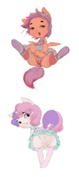 Size: 671x1500 | Tagged: questionable, artist:php91, scootaloo, sweetie belle, butt, cameltoe, clothes, dead source, diaper, diaper belle, diaper fetish, dress, female, fetish, filly, foal, foalcon, g4, imported from derpibooru, legs in air, legwear, mare, non-baby in diaper, panties, pegasus, plot, pony, presenting, presenting butt, simple background, skirt, skirt lift, stockings, thigh highs, uncanny valley, underwear, unicorn, upskirt, white background
