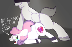 Size: 2212x1452 | Tagged: explicit, grimdark, artist:mr-degration, sweetie belle, oc, age difference, ass up, begging, bondage, crying, dialogue, dock, doggy style, english, face down ass up, faceless male, female, filly, foal, foalcon, from behind, g4, generic pony, hoof on head, imported from derpibooru, male, maledom, offscreen character, offscreen male, penetration, pony, pony on pony action, raised tail, rape, scared, screaming, sex, spread legs, spreader bar, spreading, stallion, stallion on filly, straight, sweetie rape, tail, tail aside, teary eyes, the cmc's cutie marks, unshorn fetlocks, vaginal