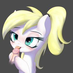 Size: 2043x2043 | Tagged: explicit, artist:an-m, oc, oc:luftkrieg, adorasexy, aryan, aryan pony, bedroom eyes, blonde, blowjob, blushing, cute, disembodied penis, female, filly, foal, foalcon, gray background, hairband, high res, human, human on pony action, human penis, imported from derpibooru, interspecies, just the tip, licking, licking cock, looking up, mare, nazi, nazipone, nudity, oc only, oral, pegasus, penis, pony, ponytail, precum, sex, sexy, simple background, spread legs, spreading, tongue out