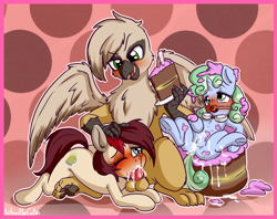 Size: 1263x1000 | Tagged: explicit, artist:anibaruthecat, oc, oc:appleale, oc:steelwinghollowtooth, oc:sweetwater, abstract background, ballgag, balls, blowjob, blushing, blushing profusely, cake, creampie, cum, cum in mouth, cum on food, earth pony, facefuck, female, filly, foal, foalcon, food, foodplay, gag, goggles, griffon, griffon on pony action, human vulva on pony, imported from derpibooru, interspecies, knot, male, mare, nudity, oc only, one eye closed, open mouth, oral, oral creampie, penis, pony, sex, stallion, straight, unicorn