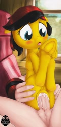 Size: 737x1536 | Tagged: explicit, artist:darkstylerz, oc, oc:southern belle, blushing, commission, creampie, cum, earth pony, female, filly, foal, foalcon, frog (hoof), grabbing, hoofbutt, hooves, human, human male, human male on filly, human on pony action, human penis, imported from derpibooru, interspecies, looking down, male, nudity, oc only, offscreen character, open mouth, penetration, penis, pony, reverse cowgirl, sex, source needed, straight, tongue out, train, underhoof, useless source url, vaginal, vulva, ych result