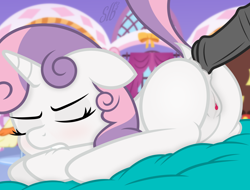 Size: 3860x2940 | Tagged: explicit, artist:slb94, artist:vsdrawfag, sweetie belle, anal, anatomically correct, anus, biting, blank flank, butt, eyes closed, female, floppy ears, foalcon, g4, high res, hoof biting, horsecock, imminent anal, imminent sex, imported from derpibooru, male, nudity, penetration, penis, plot, pony, sex, show accurate, show accurate porn, straight, sweetie butt, vaginal secretions, vulva