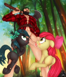 Size: 1200x1394 | Tagged: explicit, artist:darkstylerz, apple bloom, queen chrysalis, anus, axe, beard, belt, blank flank, blowjob, blushing, changeling, cum, double blowjob, earth pony, facial, facial hair, female, filly, filly queen chrysalis, flannel, floppy ears, foal, foalcon, forest, frog (hoof), g4, holding, hooves, human, human male, human male on filly, human on pony action, human penis, imported from derpibooru, interspecies, just the tip, licking, licking cock, looking up, lumberjack, male, missing cutie mark, multiple blowjob, muscles, nudity, oral, paul bunyan, penis, ponut, pony, ribbon, sex, straight, tongue out, underhoof, vaginal secretions, vulva, weapon, younger