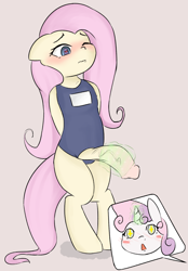 Size: 1000x1440 | Tagged: explicit, fluttershy, sweetie belle, anonymous artist, bipedal, blush sticker, blushing, clothes, eyebrows, foalcon, futa, futa fluttershy, g4, heart eyes, horsecock, imported from derpibooru, intersex, magic, magical stimulation, magicjob, nudity, open mouth, penis, pony, simple background, sukumizu, swimsuit, wingding eyes