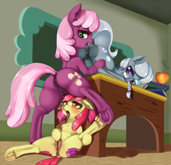 Size: 1894x1825 | Tagged: explicit, artist:dankflank, apple bloom, silver spoon, anal-vaginal orgasm, analingus, analingus on female, anatomically correct, anus, apple, blushing, both cutie marks, butt, cheeribloom, cheerilee, cheerilee gets all the fillies, clitoris, cunnilingus, dark genitals, derpibooru exclusive, earth pony, female, female on female analingus, filly, foal, foalcon, food, g4, group sex, imported from derpibooru, lesbian, mare, mare on filly, masturbation, nudity, oral, orgasm, plot, ponut, pony, pony on pony action, school, sex, ship:cheerispoon, shipping, teacher and student, threesome, underhoof, vaginal hoofing, vaginal masturbation, vaginal orgasm, vaginal secretions, vulva, vulvar winking