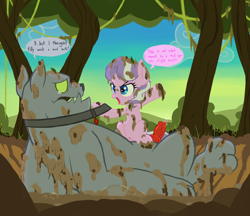 Size: 3700x3200 | Tagged: explicit, artist:lemon, diamond tiara, angry, bog, canine penis, collar, crying, cute, dialogue, diamond dog, dirty, earth pony, female, filly, foal, foalcon, forest, g4, gem, high res, implied foalcon, imported from derpibooru, knot, mud, mud bath, nudity, penis, pony, precum, vine