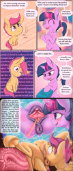 Size: 2436x5672 | Tagged: explicit, artist:alcor, scootaloo, twilight sparkle, abdominal bulge, alternate hairstyle, anatomically correct, anus, autocunnilingus, blushing, body modification, book, clitoris, comic, confused, crotchboobs, cunnilingus, dark genitals, dialogue, dock, dripping, excited, female, female orgasm, females only, foalcon, frog (hoof), g-spot, g4, gaping, gaping vagina, head tilt, high res, implied lesbian, implied shipping, implied twidash, imported from derpibooru, impossibly long tongue, insertion, internal, lesbian, long tongue, magic, magical encouragement, magical spreading, mare, masturbation, nipples, now you're fucking with portals, now you're thinking with portals, nudity, on back, oral, orgasm, part of a series, part of a set, pegasus, pointer, ponut, pony, portal, presenting, sex, sex education, shivering, shrunken pupils, spread legs, spreading, squirting, teats, tongue out, twilight is a foal fiddler, underhoof, unicorn, unicorn twilight, urethra, uterus, vagina, vaginal secretions, vaginal secretions in mouth, vulva, wide eyes, x-ray