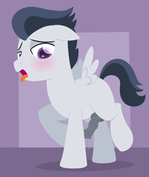 Size: 2160x2560 | Tagged: explicit, artist:dtcx97, blushing, colt, eye, eyes, floppy ears, foal, foalcon, g4, high res, horsecock, imported from derpibooru, looking at you, male, medial ring, mouth, nudity, open mouth, pegasus, penis, pony, precum, purple eyes, raised leg, rumble, simple background, solo, solo male, tongue out, wings