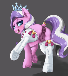 Size: 1240x1383 | Tagged: explicit, artist:dankflank, diamond tiara, anatomically correct, anus, butt, clothes, dark genitals, derpibooru exclusive, earth pony, female, filly, foal, foalcon, g4, imported from derpibooru, legwear, looking at you, nudity, plot, ponut, pony, presenting, puckered asshole, simple background, smiling, solo, solo female, stockings, thigh highs, underhoof, vulva