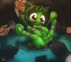 Size: 1234x1080 | Tagged: explicit, grimdark, grotesque, artist:darkstylerz, oc, oc:obj.154, abdominal bulge, abuse, blood, blushing, bondage, chains, cigarette, cloth gag, clothes, crotchboobs, crying, darkstylerz obj series, dispenser, female, filly, foal, foalcon, frog (hoof), gag, game, gloves, hooves, human, imported from derpibooru, insertion, mafia, mahjong, nipples, nudity, oc only, pony, pony mahjong dispenser, ribbon, smoking, source needed, stuffing, underhoof, unicorn, useless source url, vaginal insertion, vaginal secretions, vulva, washizu mahjong