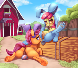 Size: 1529x1338 | Tagged: explicit, artist:dankflank, apple bloom, scootaloo, anatomically correct, animal costume, anus, bedroom eyes, blushing, bunny costume, bunny ears, chocolate, chocolate egg, clitoris, clothes, costume, dark genitals, derpibooru exclusive, dock, earth pony, easter, easter egg, egg (food), female, filly, foal, foalcon, food, g4, holiday, imported from derpibooru, looking at you, looking back, nudity, paw gloves, paw prints, pegasus, ponut, pony, smiling, tongue out, underhoof, vulva, vulvar winking